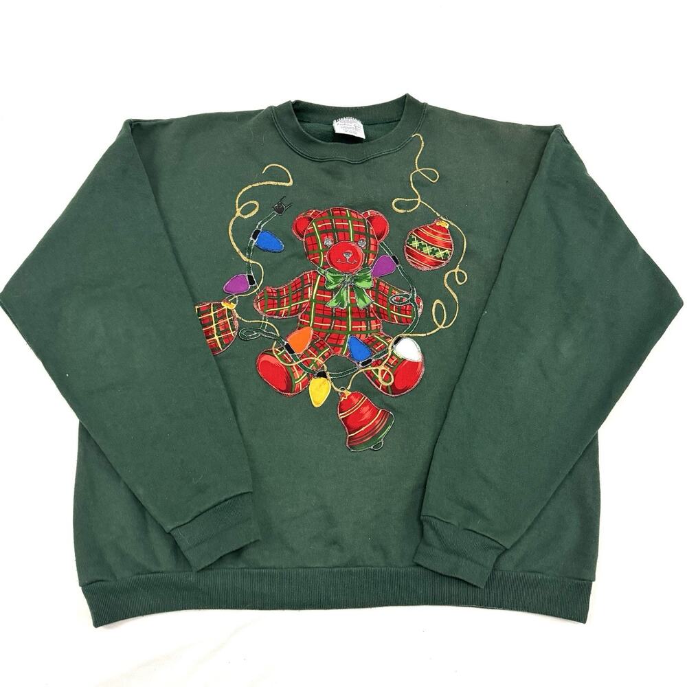 Vtg Christmas Plaid Teddy Bear XL Sweatshirt Puff Paint Holiday 80s 90s Grandma
